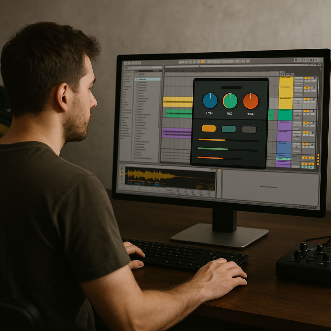 Positive African American female recording podcast with microphone while sitting in chair with notebook in light room with modern laptop